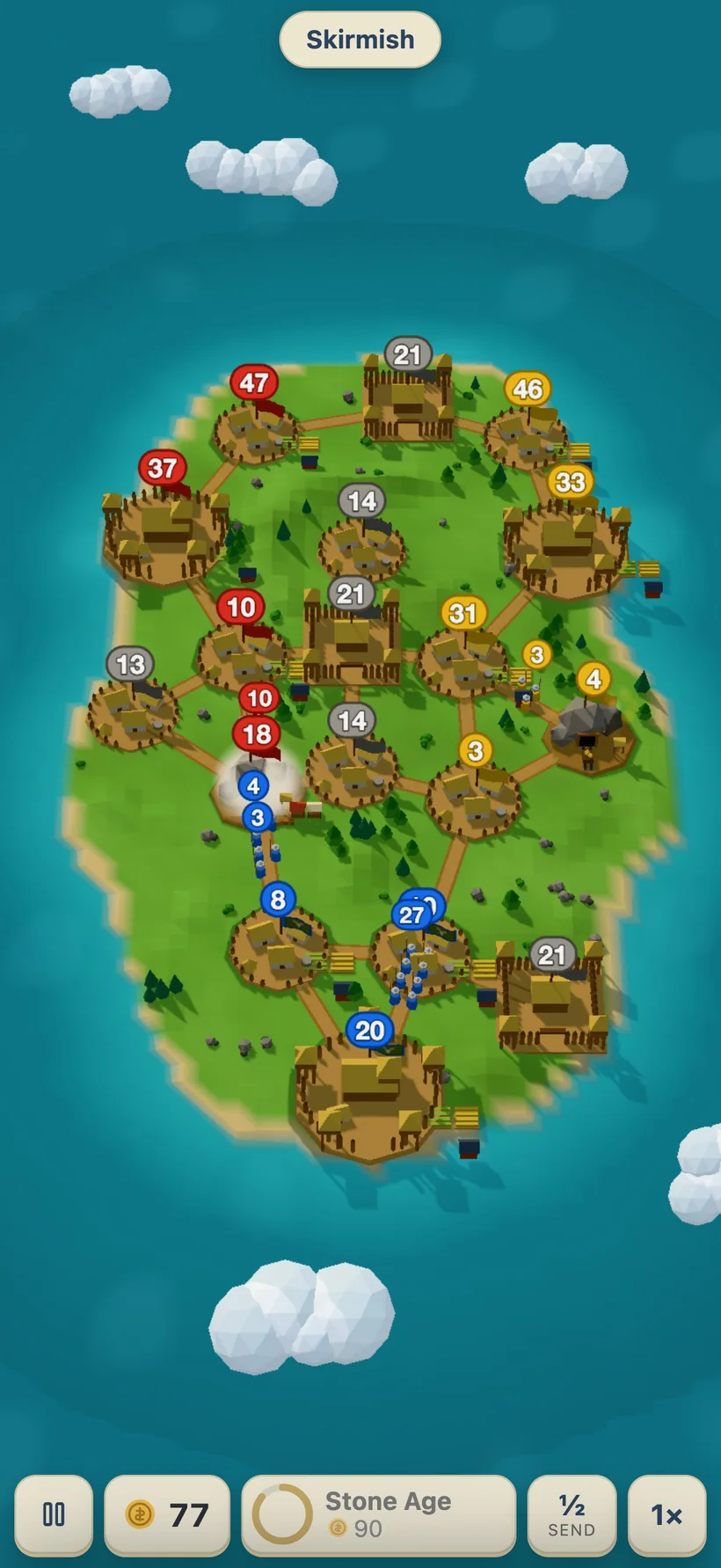 A skirmish in Ageforge: holds on an island joined by roads, with columns marching between them