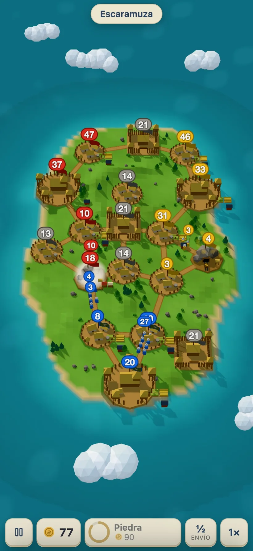 Una escaramuza en Ageforge: dominios en una isla unidos por caminos, con columnas en marcha